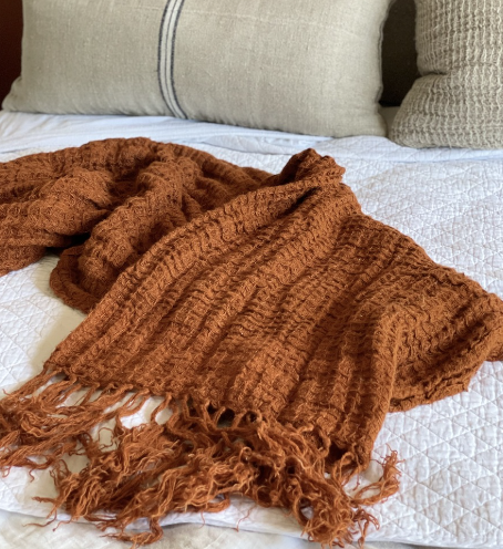 Rust Linen Scarf - Hand Loomed Waffle Linen