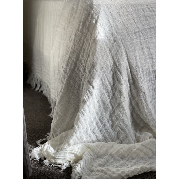 Pure Linen Ivory Bed Throw with Fringe Extra Large The Sleepy Goose