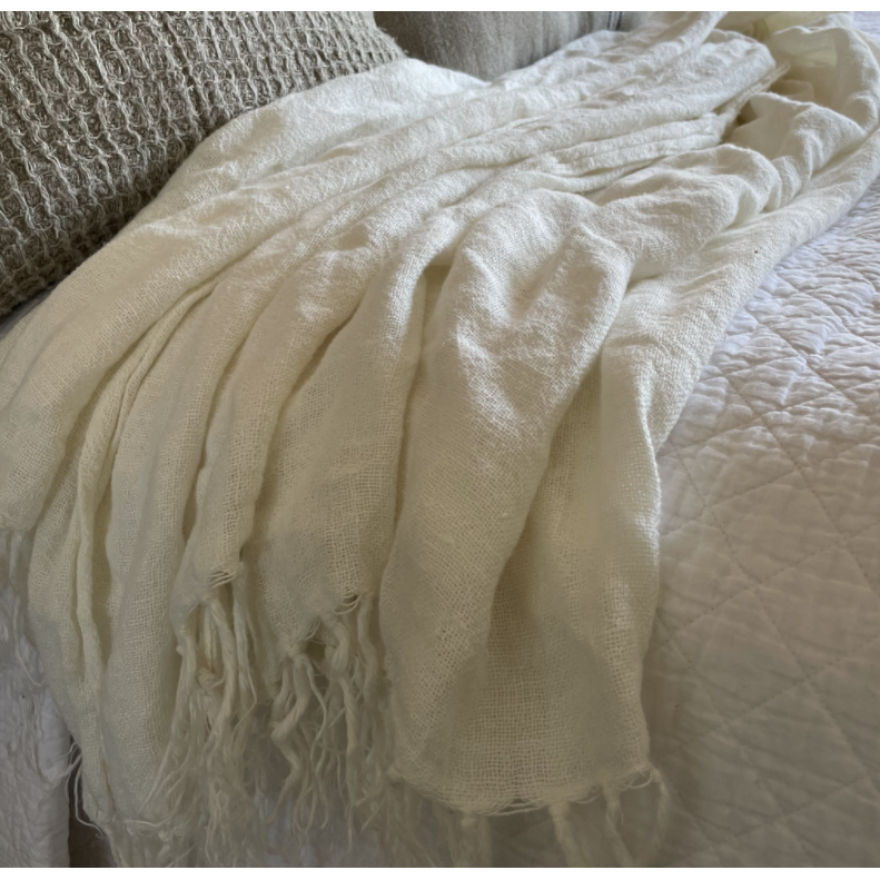 Linen Throw With Fringe - Ivory: The Sleepy Goose
