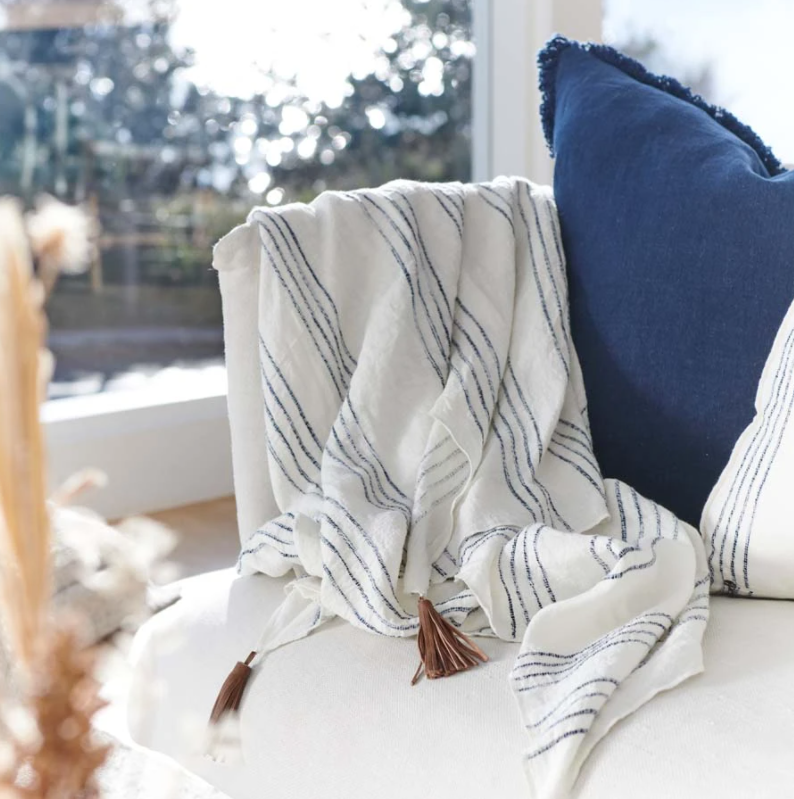 Rockpool Linen Throw -  White / Navy Stripe: Eadie Lifestyle