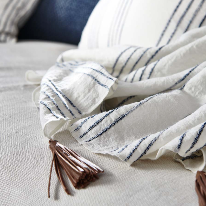 Rockpool Linen Throw -  White / Navy Stripe: Eadie Lifestyle