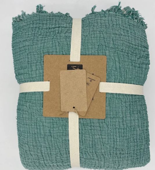 Pure Muslin 4 Layer Reversible Blanket/Throw (230 x 160cm) Turquoise/Cream