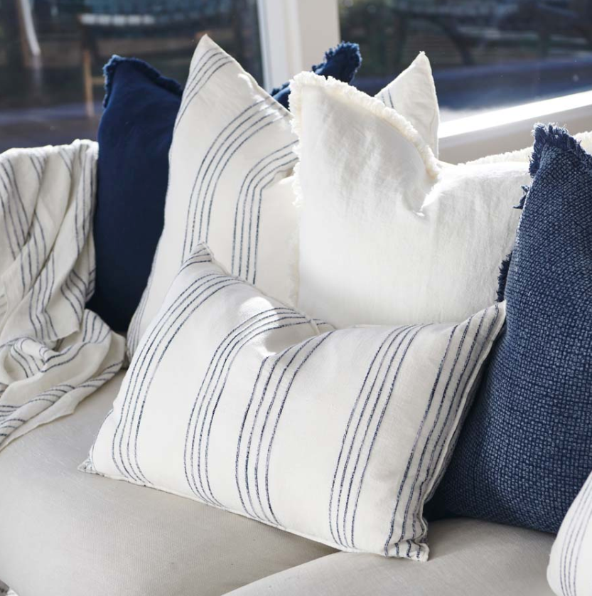 Rockpool Linen Cushion -  White with Navy Stripe - 60cm x 60cm: Eadie Lifestyle
