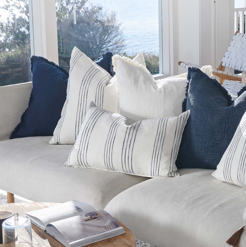 Rockpool Linen Cushion -  White with Navy Stripe - 60cm x 60cm: Eadie Lifestyle
