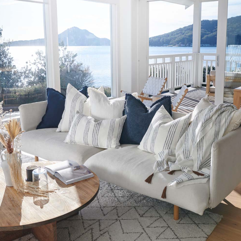 Rockpool Linen Cushion -  White with Navy Stripe - 60cm x 60cm: Eadie Lifestyle